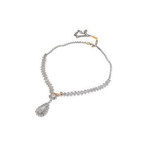 Silver teardrop crystal pendant necklace with minimalist metallic chain on white background