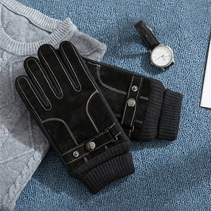 Men's winter cashmere gloves with leather buckle and knitted cuffs for outdoor warmth