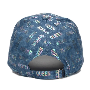 Blue denim baseball cap with colorful metallic QUEEN letter print and silver metal buckle