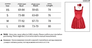 Size chart showing bust, waist, and length measurements for the red floral strap dress