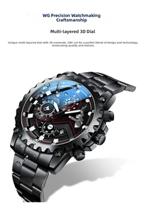 Waterproof black metal men's watch featuring a 3D dial and CNC cut details