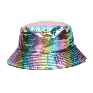 Holographic Reflective Bucket Hat Metallic Gradient Polyester Fashion Trendy Sun Hat For Festival Outdoor Streetwear