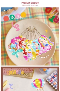 DIY diamond painting keychain set featuring colorful mermaid and hot air balloon designs