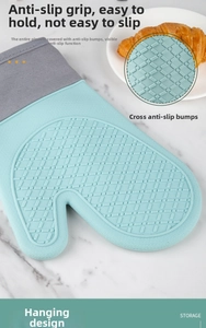 Detail of mint green silicone oven glove with anti-slip dotted texture and hanging hole