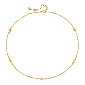 Minimalist 18K gold plated brass necklace with five oval beads on a white background