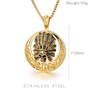 Detail view of ethnic skull pendant showing 50mm diameter and stainless steel texture