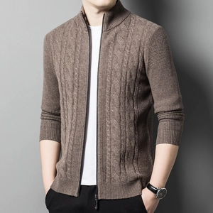 Men's 100% Wool Stand Collar Zipper Knit Cardigan Casual Business Long Sleeve Slim Fit Cable Knit Sweater Jacket