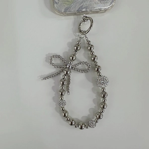 Silver luxury beaded phone strap with metal bow and rhinestones for 2024 fashion style