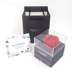 Preserved red rose in grey acrylic jewelry box with gift bag and best wishes card