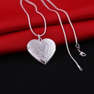 925 silver plated heart locket pendant necklace with floral engraving and snake chain