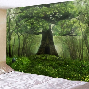 Detailed view of mystical forest tapestry with an ancient tree face on bedroom wall