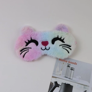 Detail of soft rainbow plush cat sleep mask with cute embroidered eyelashes and nose