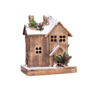 Lighted carbonized wood Christmas cabin decor with snow and pine needle accents