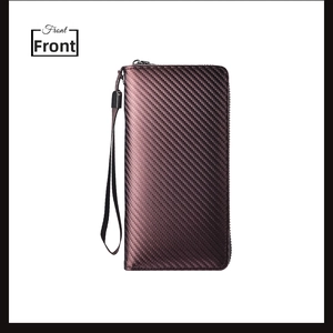Front view of a brown carbon fiber wallet with a zipper closure and wrist strap
