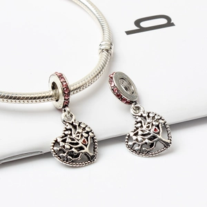 Silver heart-shaped Tree of Life charms with pink crystals for DIY charm bracelets