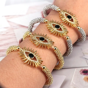 Retro evil eye charm beaded bracelet set with gold and silver sunflower pendants