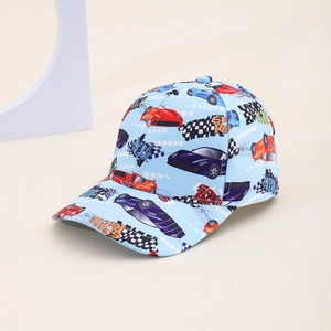 Close-up of light blue kids baseball cap with speed racer car prints and mesh fabric