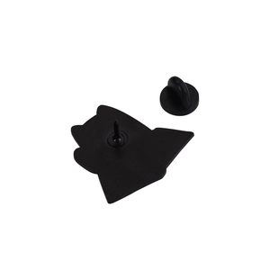 Detail view of the black enamel badge back featuring a rubber pin clutch and alloy base