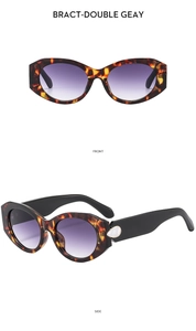 Front and side view of retro tortoiseshell oval sunglasses with purple gradient lenses