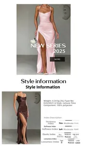 Detail of satin evening gowns showing thin straps, backless cut, and high side slit