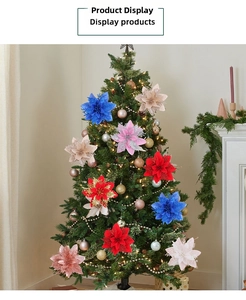 Close-up of glittered poinsettia flowers in various colors decorating a Christmas tree