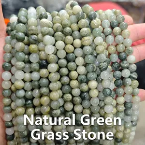 Close-up of Natural Green Grass Stone beads showing unique fibrous grass-like textures
