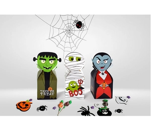 Detailed view of Halloween monster candy boxes featuring Frankenstein, Mummy, and Vampire
