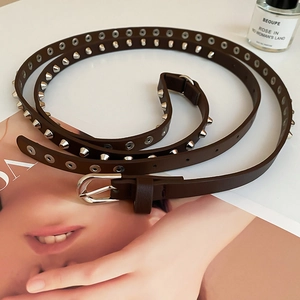 Détails d'une ceinture en cuir marron foncé avec rivets argentés et œillets métalliques
