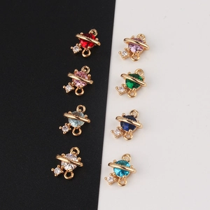 Gold-plated planet charms with colorful cubic zirconia and double hanging loops for DIY jewelry