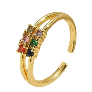 Elegant gold open ring with double-layered colorful zircon stones in a geometric design