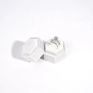 Velvet hexagon double ring jewelry box in light grey, 4.9x4.3x4.5cm for wedding display