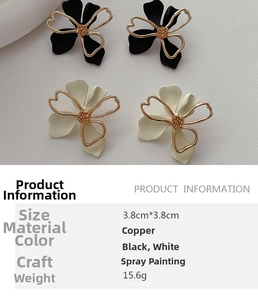 Detail view of 3.8cm hollow metal flower earrings with matte paint finish and copper base