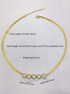 Detailed view of a gold snake chain necklace with five pearls and size measurements