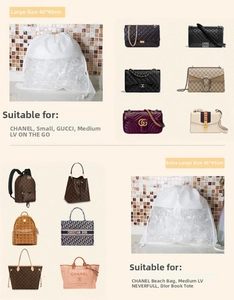 Detail of transparent drawstring dust bags showing 40x40cm and 45x45cm sizes for handbags