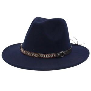 Close-up of navy blue wool fedora featuring ethnic geometric band and leather buckle detail