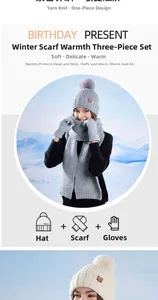 Detailed knit texture of winter warm set including sequin hat, scarf, and soft gloves