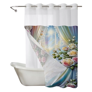 Waterproof polyester shower curtain with floral rose prints and silver metal grommets