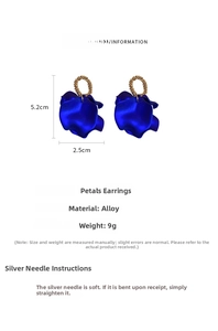 Detail showing royal blue petal earrings with gold texture and 5.2cm x 2.5cm size markings