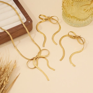 Elegant Bowknot Necklace Earrings Bracelet Jewelry Stainless Steel Flat Snake Chain Personalized Fashion For Women