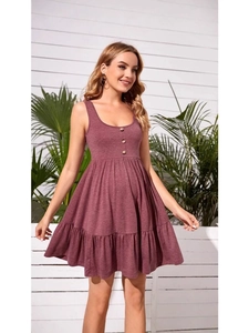 Sleeveless maternity A-line dress in dusty rose with ruffle hem and button detail