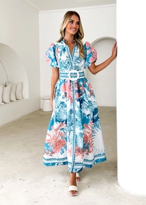 Detail of summer floral maxi dress featuring elegant V-neck and stylish puff sleeves