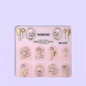 Luxury 3D nail art sticker MJ-031 with gold lines and pink crystals for manicure decor
