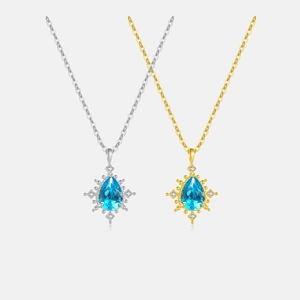 925 Sterling Silver Teardrop Blue Zirconia Pendant Necklace For Women Starburst Celestial 18K Gold Plated Dainty Jewelry