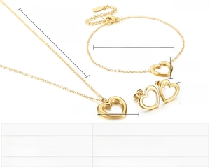Detailed size specifications for heart jewelry set including necklace bracelet and earrings