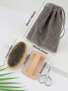 Detailed size specifications for beard grooming kit including brush, comb and scissors