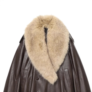 Brown faux leather jacket with detachable khaki faux fur collar in a high-angle view