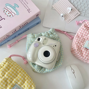 Padded quilted camera pouches and clear cases for Instax Mini 7+ in pastel colors