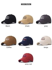 Présentation de sept couleurs de casquettes en coton lavé avec broderie de lettres