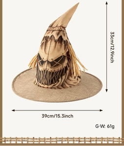 Detailed size chart of a burlap scarecrow witch hat for Halloween cosplay props