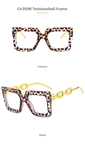Front and side view of oversized tortoise square glasses with gold chain temples